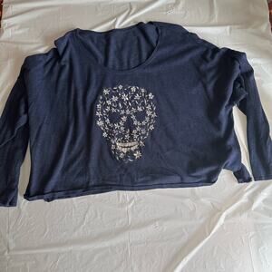 Vintage Blue Sweatshirt with Embroidered Floral Skull